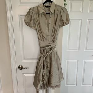 BCBGMaxAzria Shimmer pinstripe puff sleeve fit and flare shirt dress